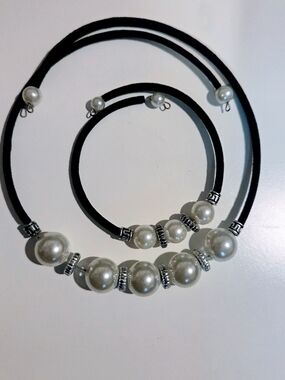 STATE White Pearl Bead Necklace and Bracelet Set with Black Cord Gift